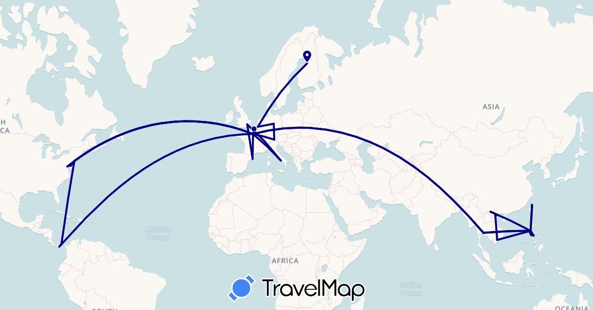 TravelMap itinerary: driving in Austria, Belgium, Germany, Spain, Finland, France, United Kingdom, Italy, Panama, Philippines, Thailand, Taiwan, United States, Vietnam (Asia, Europe, North America)